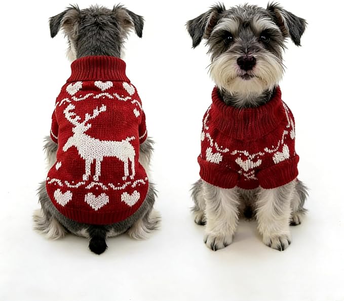 Small Dog Cold Weather Sweaters – Warm Knit Turtlenecks, Cozy Pet Pullovers Dog Clothes with Leash Hole for Chihuahua Bulldog Pug Beagles (White/Red, Small)