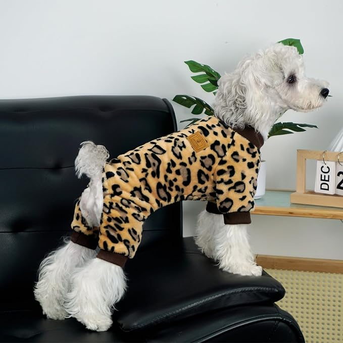 XPUDAC Dog Sweater Leopard Fleece Dog Pajamas for Small Medium Dogs Girl Boy Pet Winter Clothes for Winter Christmas(Small)