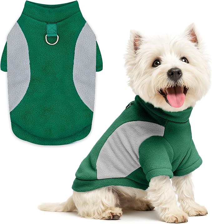 Small Fleece Dog Sweater with Leash Ring Soft Warm Fall Winter Dog Clothes Cute Cat Apparel Puppy Sweaters Classic Pullover Doggy Sweatshirts Chihuahua Costumes Cat Outfits(Green,L)