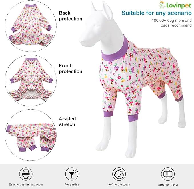LovinPet Large Sized Dog Anxiety Calming Shirt,Pink Bees & Flowers Pink Print, Pajamas for Pitbulls, Onesies for Dogs, 2XL