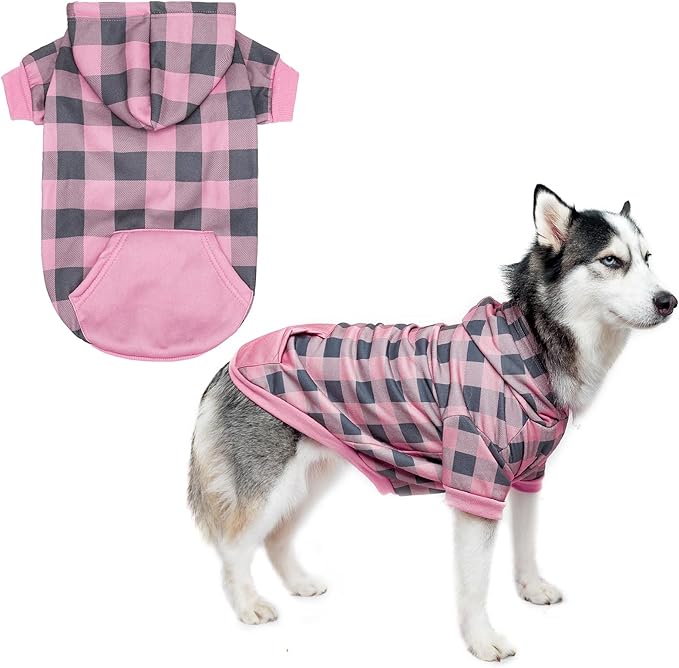 KOOLTAIL Plaid Dog Hoodie Pet Clothes Sweater with Hat and Pocket for Small Medium Large Size Dogs, Soft Winter Warm Dog Cold Weather Coat, Fleece Fall Dog Hooded Sweatshirt for Puppy Cats, Pink XL