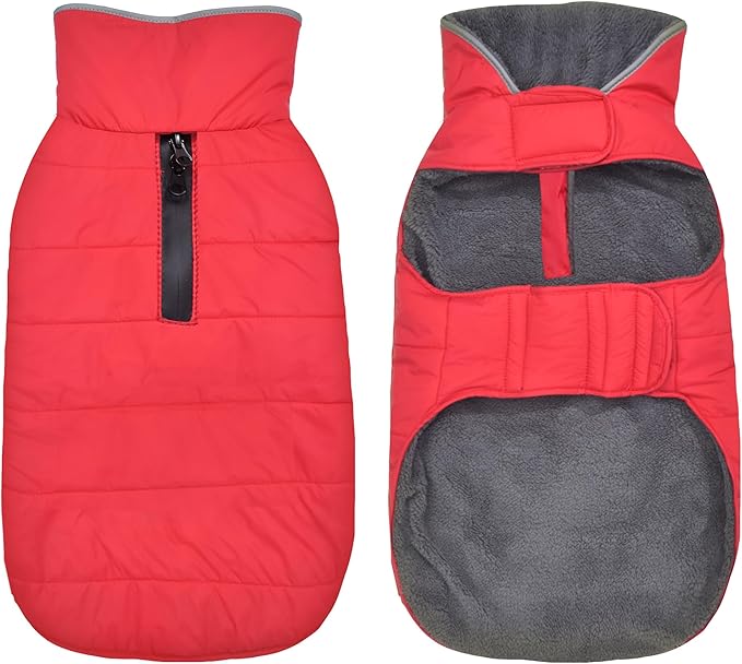 Dog Winter Coat, Waterproof Dog Jacket with Leash Hole, Reflective Adjustable Pet Snow Vest, Warm Fleece Sweater for Small Medium Large Dogs - Red, 3XL