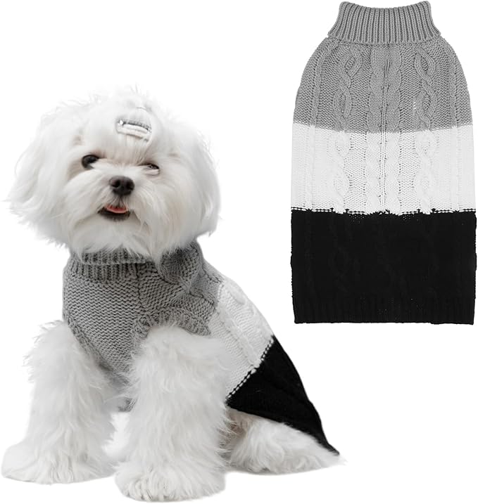 EXPAWLORER Dog Sweater with Leash Hole - Small Dogs Fall Sweaters for Girls Boys,Classic Turtleneck Knitwear Dog Clothes for Cold Weather, Cable Knit Dogs Outfit,Coat,Pet Apparel(Black&Grey,S)