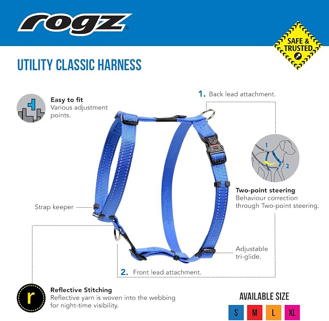Reflective Adjustable Dog H Harness for Small to Medium Dogs; matching collar and leash available, Blue