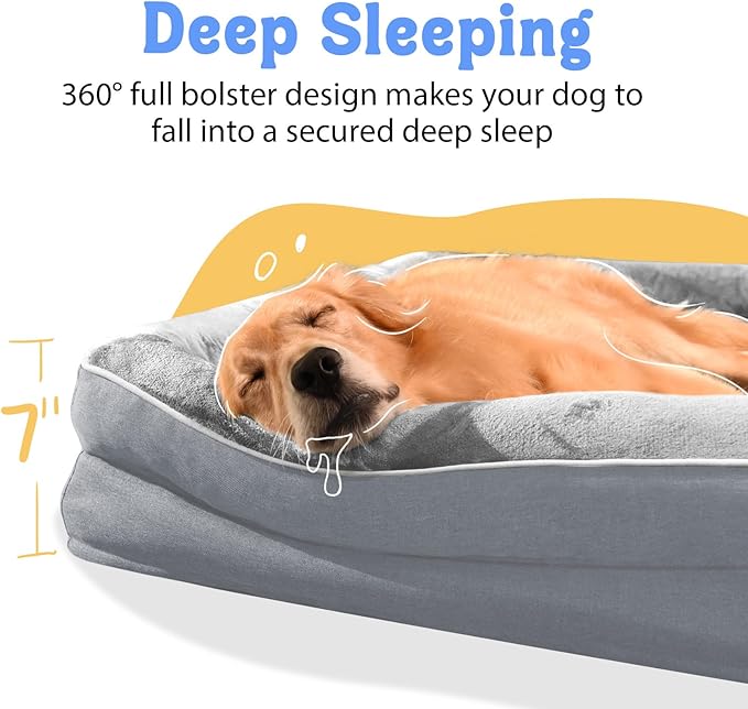 Orthopedic Washable Large Dog Bed - Egg Foam Dog Beds for Large and Medium Dogs Big Pet Beds with Removable Washable Cover and Bolster for Extra Large Dogs