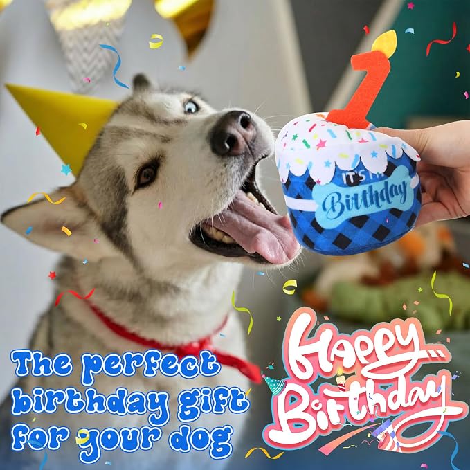 Dansydaisy Dog Birthday Cake Toy Squeaky Plush Gift,1st,Blue Grid