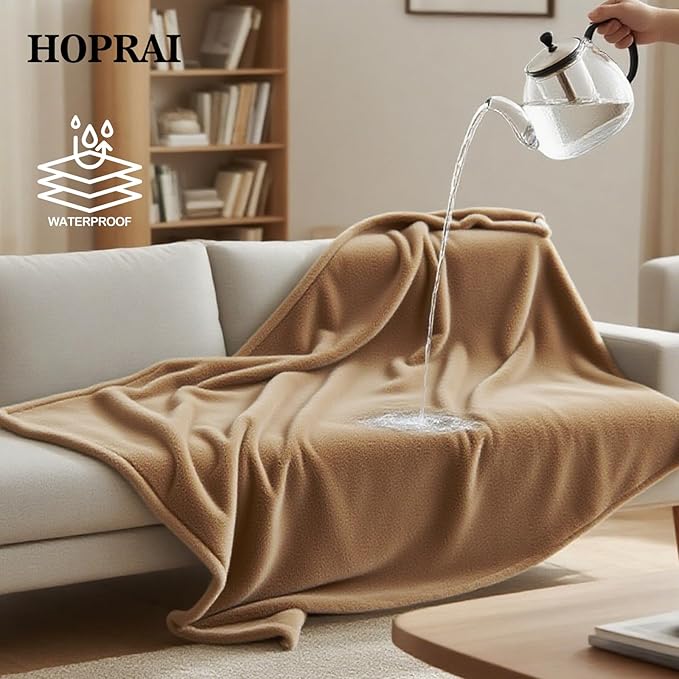 HOPRAI Waterproof Pet Blanket for Medium Large Dogs Washable Fluffy Thick Jacquard Shag Fleece Warm Sherpa Pet Blanket Cats Puppy Couch Protection (Light Coffee XXL85*85inches)
