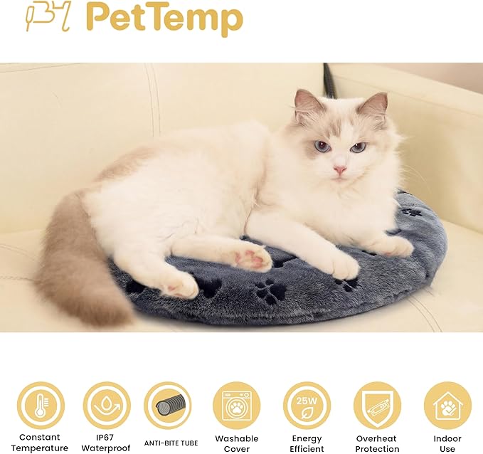 PetTemp Pet Heating Pad for Cats Dogs Indoor & Sheltered Outdoor Waterproof Heated Cat Bed Heated Dog Bed Chew Resistant Cord Constant Temperature Gray Paw Print Round 16 Inch