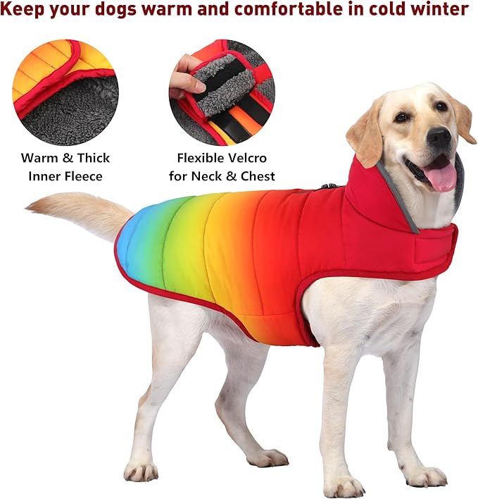 Dog Winter Coat, Waterproof Dog Jacket with Leash Hole, Reflective Adjustable Pet Snow Vest, Warm Fleece Sweater for Small Medium Large Dogs - Rainbow, L