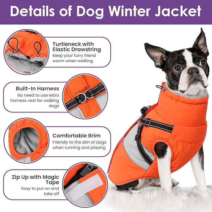 SUNFURA Dog Coat, XXXL Dog Jacket Winter with Harness Built in, Waterproof Pet Snow Jacket with Furry Collar for Chilly Day, Reflective Fleece Snowsuit for Extra Large Dogs, Orange 3XL