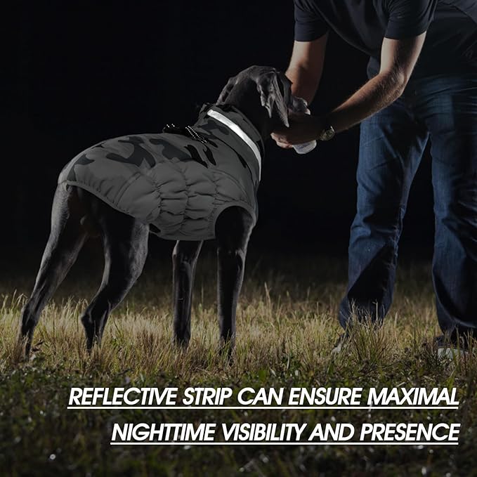 FUAMEY Dog Coat for Large Dogs,Waterproof Dog Winter Jacket with Harness Built in Puppy Cold Weather Coats Reflective Pet Vest with Zipper Warm Fleece Dogs Snowsuit Windproof Grey Camo XL