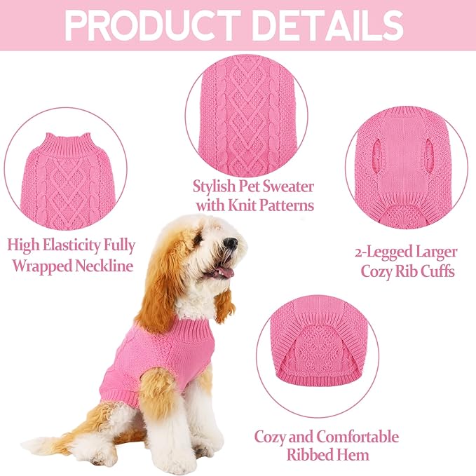TONY HOBY Small Dog Sweaters Knitted Warm Dog Sweatshirt, Doggy Winter Coat Puppy Cold Weather Pullover Classic Knitwear Doggie Sweater, Thick Warm Winter Pet Clothes (L, Pink)