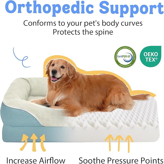 Washable Orthopedic Large Dog Bed - Dog Beds Large Sized Dogs with Removable Cover Waterproof Orthopedic XL Pet Bed with Bolster