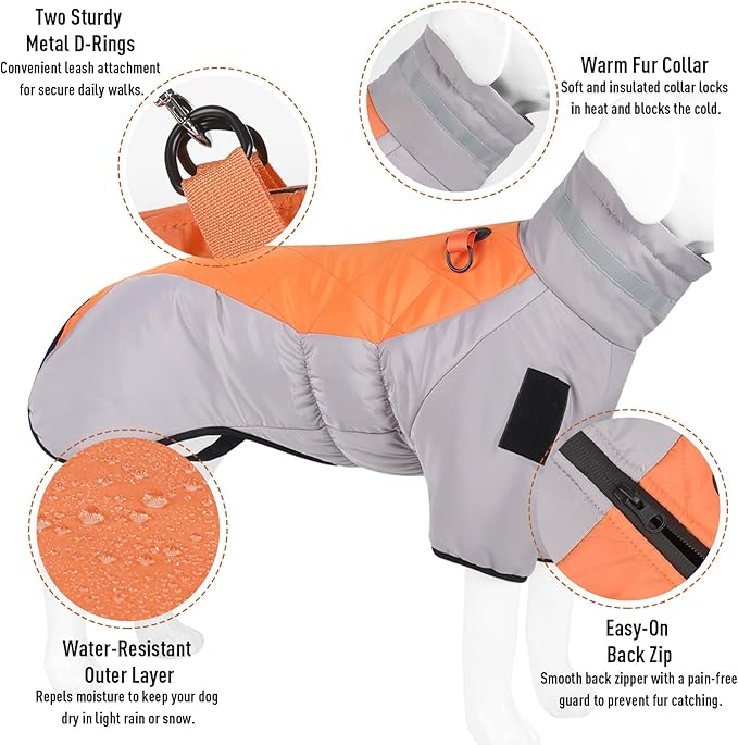 Dog Coats for Large Dogs, Warm Winter Coat with Built-in Harness & D-Ring, Reflective Turtleneck Waterproof Snow Jacket, Back Zipper Fleece Vest for Cold Weather (Grey Orange, 3XL)
