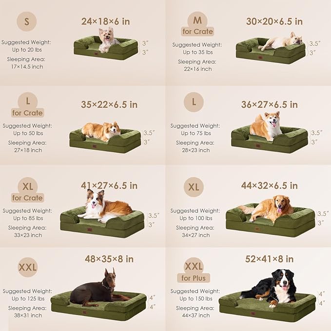 EHEYCIGA Orthopedic Dog Bed for Small Dogs, Waterproof Memory Foam Small Pet Beds with Sides, Non-Slip Bottom and Egg-Crate Foam Medium Dog Couch Bed with Washable Removable Cover, Olive Green