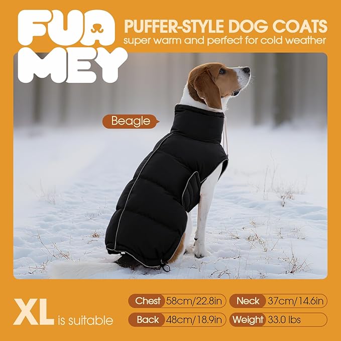 FUAMEY Dog Puffer Jacket for Large Dogs,Dog Cold Weather Coats Dogs Down Jackets Waterproof Pet Snowsuits Warm Puppy Winter Vest Turtleneck Pets Adjustable Jackets Coats Black XXXL