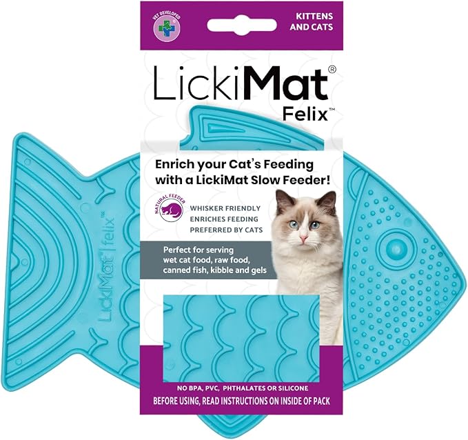 LickiMat Felix, Fish-Shaped Cat Slow Feeders Lick Mat, Boredom Anxiety Reducer; Perfect for Food, Treats, Yogurt, or Peanut Butter. Fun Alternative to a Slow Feed Cat Bowl or Dish, Turquoise