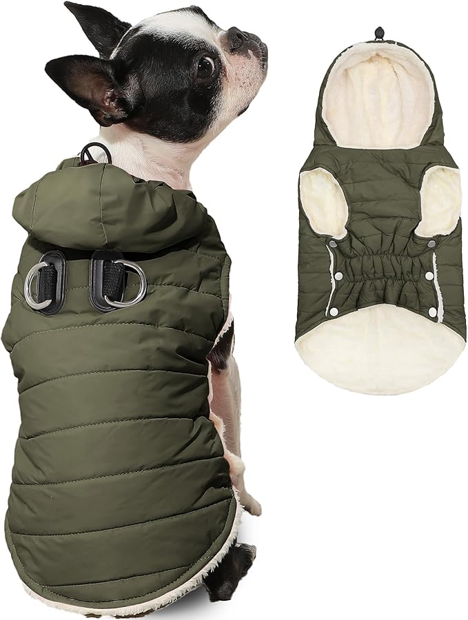 Fleece Lining Dog Hoodie with Harness Built in,Extra Warm Medium Dog Jacket in Winter Doggie Coats with Drawstring Hooded,Green L