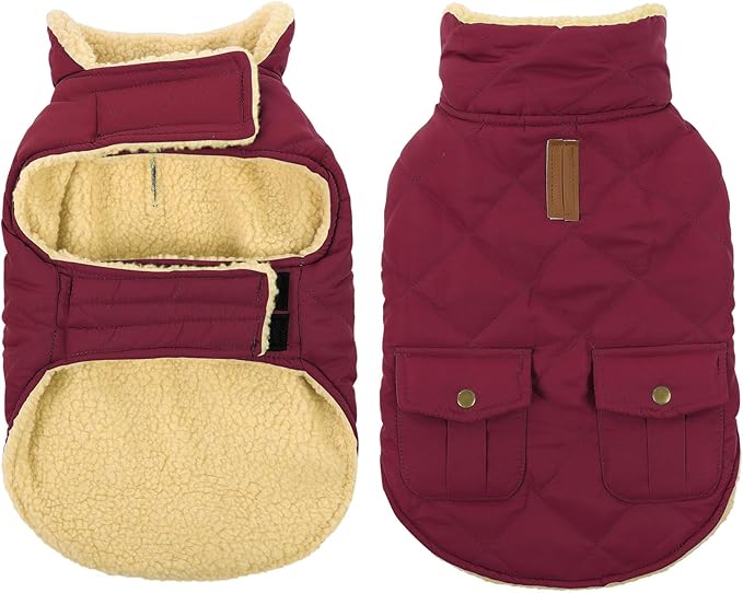Queenmore Dog Winter Coat Warm Puffer Jacket Waterproof Plush Lining Thermal Cold Weather Vest for Small Medium Large Dogs, Windproof Easy On Pet Jacket Burgundy L