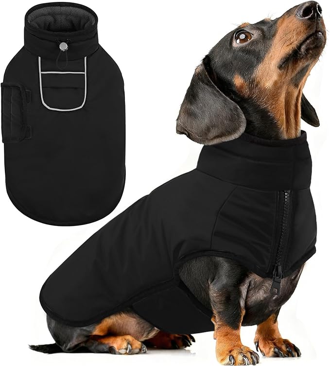 AOFITEE Small Dog Winter Coat, Waterproof Puffer Jacket with Harness Hole & Fleece Collar, Reflective Warm Snowsuit for Chihuahua, Yorkshire, Dachshund, S