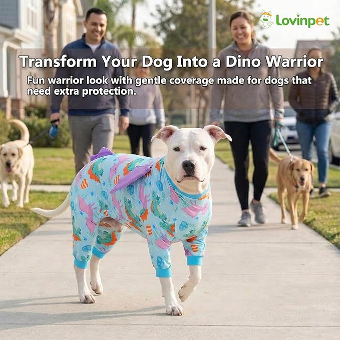LovinPet Large Dog Pajamas, Four-Leg Stretch Onesie Bodysuit, Lightweight UV-Shielding Pajamas, Anti-Lick Calming Recovery Suit for Surgery, 3D Dino Wing Design with Soft Spikes， Blue Purple， XXL