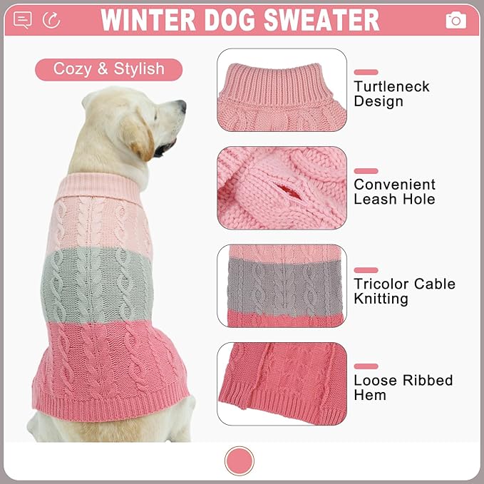 EXPAWLORER Dog Sweater with Leash Hole - Large Dogs Fall Sweaters for Girls Boys,Classic Turtleneck Knitwear Dog Clothes for Cold Weather, Cable Knit Dogs Outfit,Coat,Pet Apparel(Pink&Grey,L/XL)