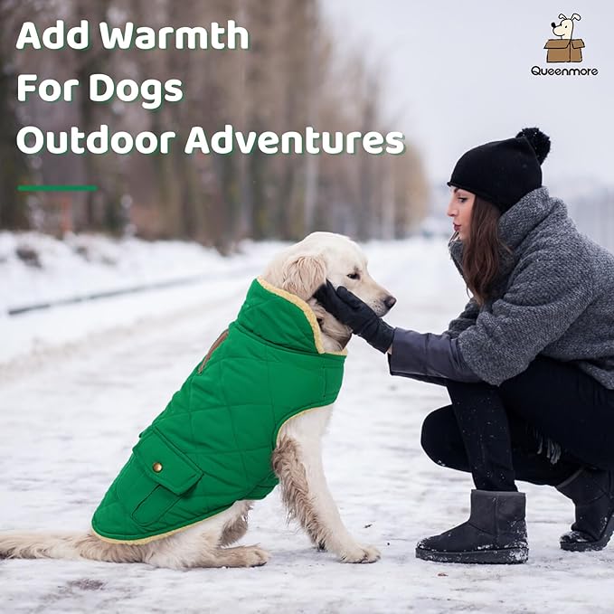 Queenmore Warm Dog Coat, Cold Weather Puffer Dog Coat Vest, Quilting Winter Pet Jacket Ultra Thick Plush Fleece Lining Pet Clothes for Dogs with Storage Pockets (Forest Green,X-Large)