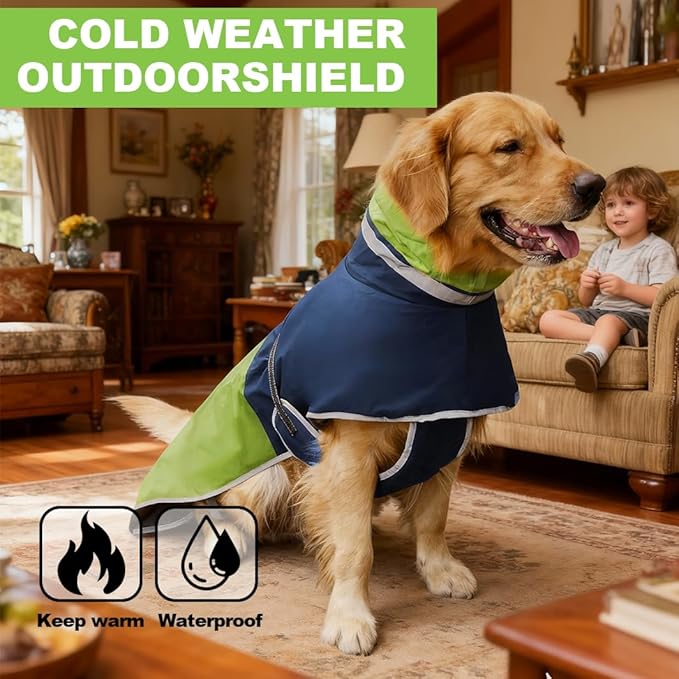 Waterproof Dog Winter Coat, Reflective Turtleneck Fleece Jacket with Snow Protection for Large Dogs, Cold Weather Pet Clothing (Green, L)