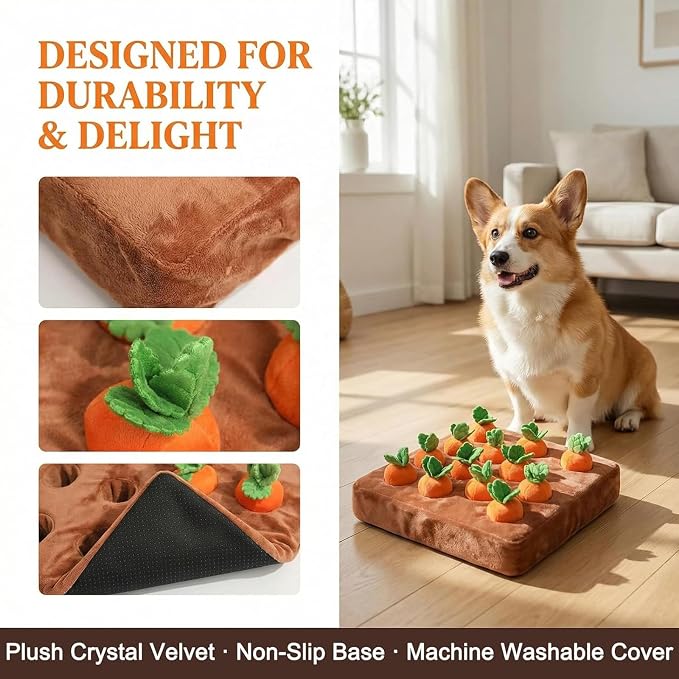 Carrot Dog Toy - Interactive Foraging Puzzle, Treat Hiding Plush Mat, Mental Stimulation Slow Feeder Enrichment Toy for Small Medium Dogs & Cats, Machine Washable