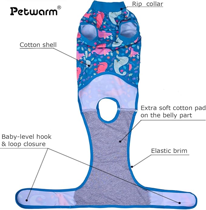 PetWarm Male Dog Recovery Suit, Dog Bodysuit, Substitute E-Collar and Cone, Pet Surgery Recovery Suit, Female Male Onesie for Dogs Spay Neuter, Dinosaur Pattern, Multi-Colored, M