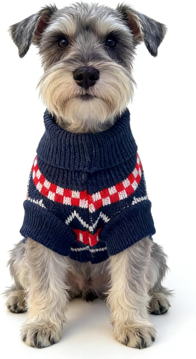 Small Dog Cold Weather Sweaters – Warm Knit Turtlenecks, Cozy Pet Pullovers Dog Clothes with Leash Hole for Chihuahua Bulldog Pug Beagles (Red/Navy, Large)