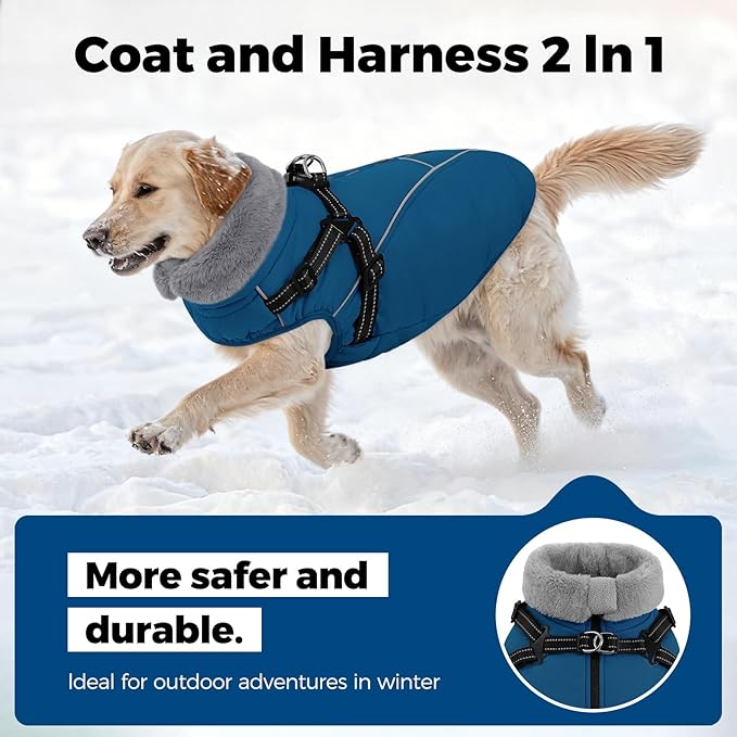 Queenmore Dog Jackets for Large Dogs, Dog Coat with Harness Built in,Waterproof Dogs Coats with Zipper On Back,Warm Fleece Lining Cold Weather Pet Coats with Furry Collar for Labrador,Blue,XL