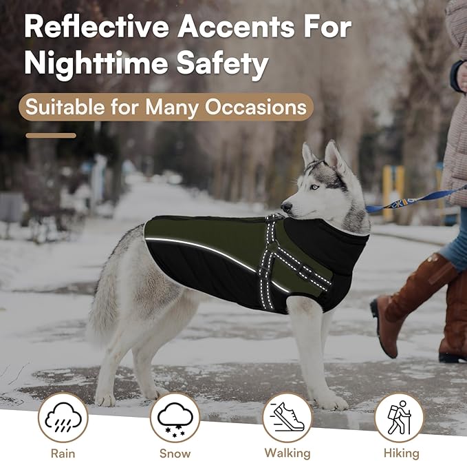 Queenmore XXL Dog Jacket with Harness Built-in, Winter Coat for Large Sized Dogs, Warm Puffer Jacket, Cold Weather Outdoor Snow Parka Coat - Fleece Lined Waterproof High-Vis Easy On Green/Black