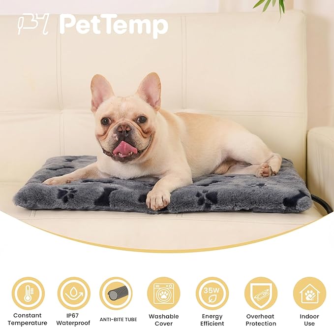 PetTemp Pet Heating Pad for Cats Dogs Indoor & Sheltered Outdoor Waterproof Heated Cat Bed Heated Dog Bed Chew Resistant Cord Constant Temperature Gray Paw Print 20 x 16 Inch