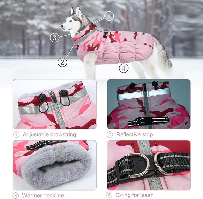 Lelepet Warm Dog Winter Coat Dog Coats for Large Dogs Waterproof Dogs Jacket with Harness Built in Reflective Cold Weather Coats Zip-Up Winter Fleece Vest Snowsuit Boston Terrier Pink Camo L