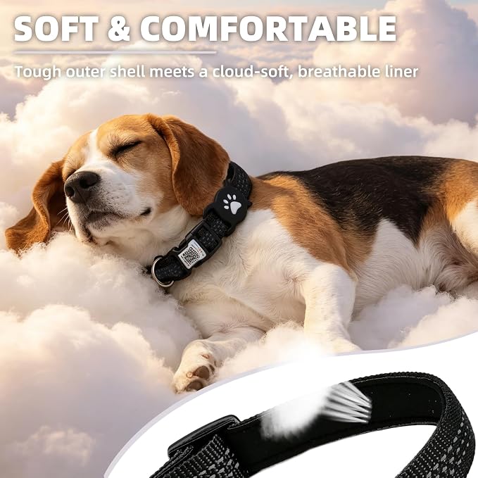 PUPTECK Airtag Dog Collar, Reflective with QR Code Buckle, Waterproof AirTag Holder Outdoor Tracking Pet Collars, Adjustable Soft Padded Durable for Small Medium Large Dogs Walking Training, Black M