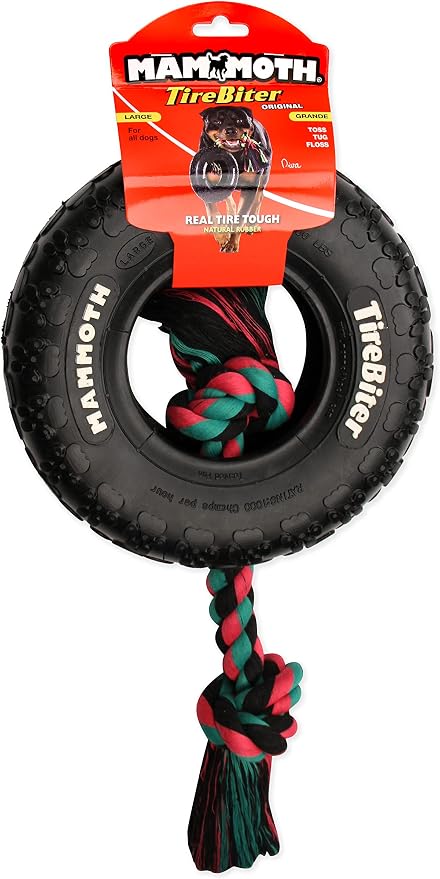 Mammoth TireBiter Originals with Cotton-Poly Rope – Natural Rubber Dog Toys – Dog Toys for Extra Long Interactive Play – Strong Chewer Toys for All Dog Breeds - Large, 10”