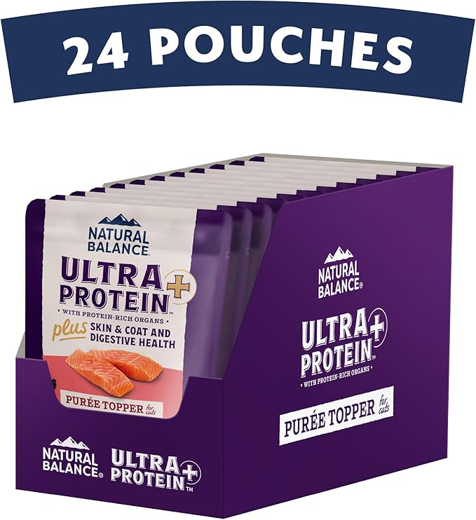 Natural Balance Ultra Protein Plus Wet Cat Food, Skin & Coat and Digestive Health Real Salmon With Pumpkin Puree Topper With Chicken Liver & Chicken Heart, High Protein Cat Food - 2.4 oz. (Pack of 24)