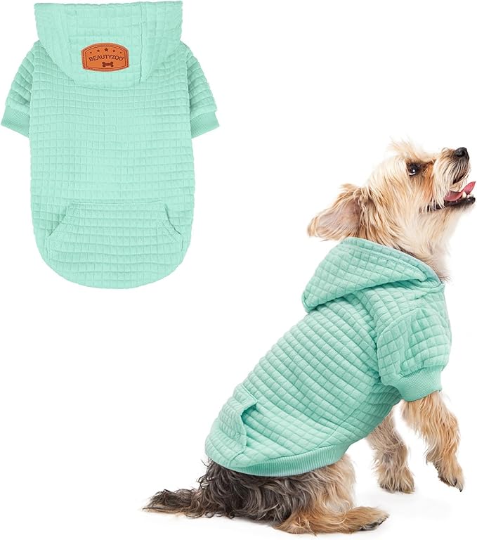 BEAUTYZOO Small Dog Hoodie Sweater with Pockets, Dog Clothes for Small Medium Dogs Boy Girl, Waffle-Like Laminated Cotton Pet Coats with Hat and Leash Hole, Mint Green XS