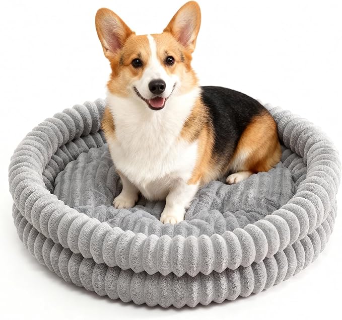 Petinstinct Dog Bed Medium Size Dog, Machine Washable Orthopedic Donut Cat Beds for Indoor Cats, Fluffy Round Pet Bed with Anti-Slip Bottom for Puppy and Kitten, Gray, 28"x28"x5"