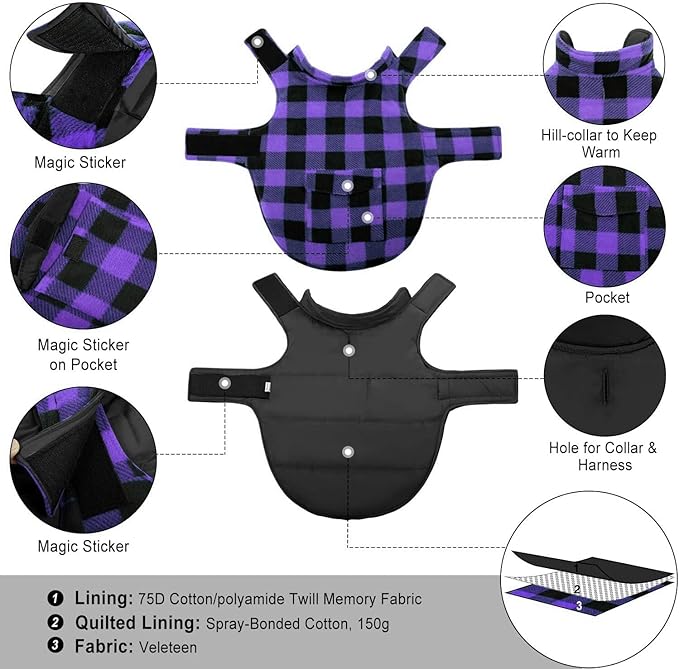 ASENKU Dog Jacket Plaid Reversible Reversible Dog Vest Waterproof Cold Winter Clothes Pet Apparel for Small Medium Large Dogs (XL, Purple)