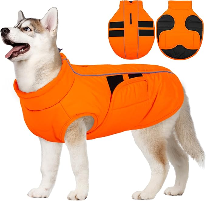 Kuoser XXXL Dog Coat, Dog Jackets for Large Dogs, Reflective Pet Winter Coat Cold Weather Coats, Doggie Snow Jacket Warm Apparel Clothes for Great Dane, Warm Hunting Vest, Orange XXXL