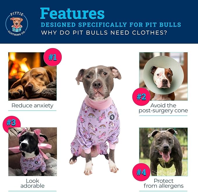 Pittie Clothing Pit Bull Dog Pajamas – Full Coverage Dog Onesie, Soft Pajama Outfit for Medium, Large, XL & XXL Breeds