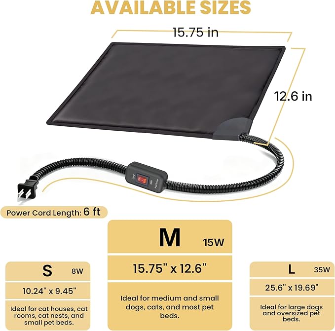 PetTemp Cat Bed Warmer 15.5 x 12.5 in, Indoor Heated Pad Insert for Cats, Kittens & Small Dogs, Turns Any Pet Bed Into a Cozy Waterproof Heating Mat, Safe Thermostat & Chew-Resistant Cord