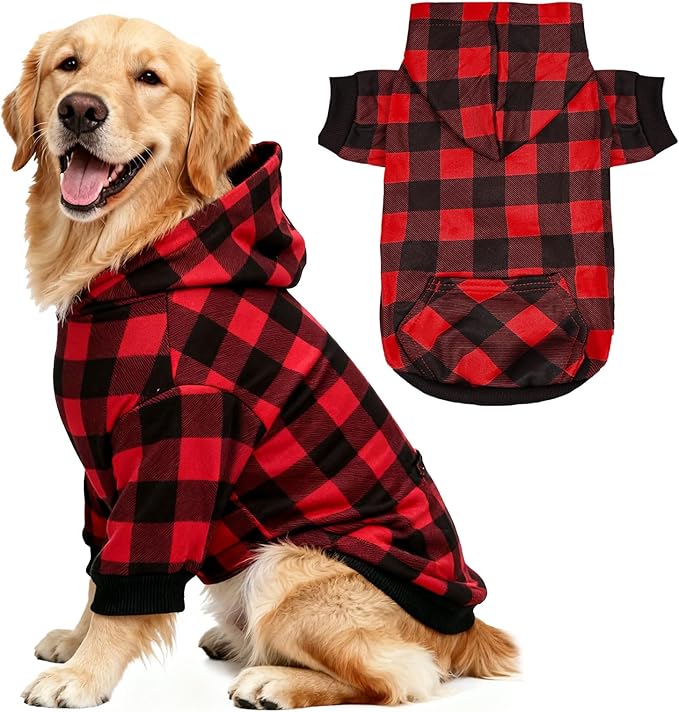 Red Plaid Dog Hoodie Soft Warm Fleece Lined Dog Sweater Hoodie with Leash Hole and Pocket Elastic Pet Coat Clothes Dogs Sweatshirt for Small Medium Large Size Dogs(Red A,XX-Large)