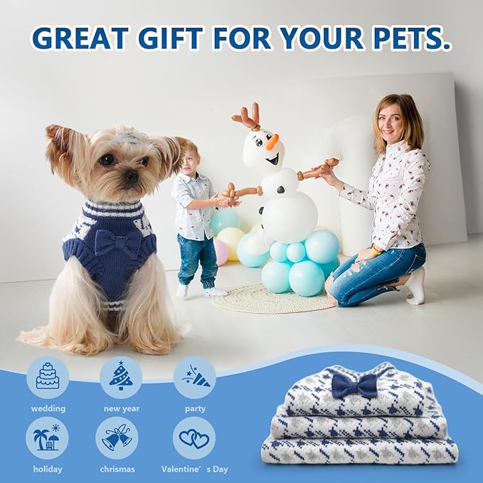 Small Dog Sweaters Boy Pet V-Neck Doggy Sweater Knit Christmas Halloween Dog Sweater for Pomeranian Bichon Frise Pug Cold Weather Outfit Pet Formal Dress (Blue, L)