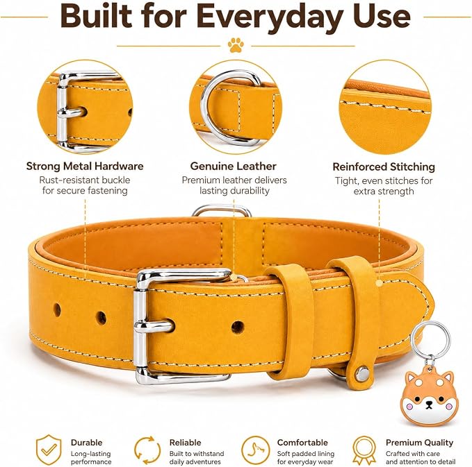 Genuine Leather Dog Collar, Soft Padded Leather Dog Collars with Airtag Holder Case for Small Medium Large X-Large Dogs,Comfort Heavy Duty Pet Collar with Durable Metal Buckle & D-Ring-Light Yellow/XS
