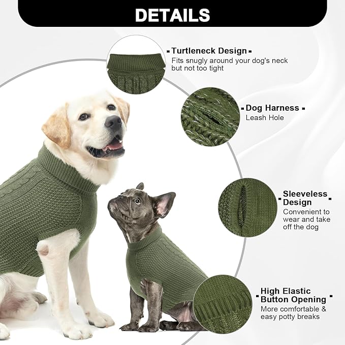 Medium Dog Sweater, Classic Cable Knit Warm Dog Sweatshirt with Reflective Yarn for Girl Boy, Halloween Fall Winter Coat Turtleneck Pullover Clothes Apparel for Small Medium Large Dogs, Green M