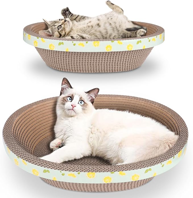 2pc Set Includes 1 X 19.5 Large + 1 X 14.96 Cute Cat Scratcher Cardboard Bed Lounger Couch, Cat Scratching Board Lounge Box Durable, Corrugated Cat Scratch Pad for Indoor Cats Furniture Protector