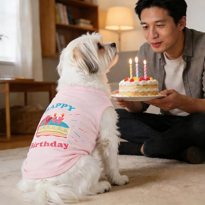 3 Pack XSmall Birthday Print Dog Shirt,Lightweight Sleeveless Vest,Puppy Party Clothes Indoor Wear,Soft Breathable for Sensitive Skin,Free Movement (Pink & Blue,XS)